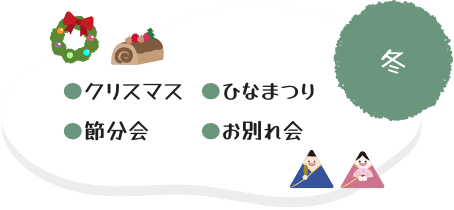 冬：クリスマス・節分会・ひなまつり・お別れ会